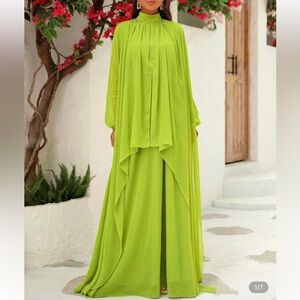 Bright Lime Green Maxi Dress with Flowing Cape